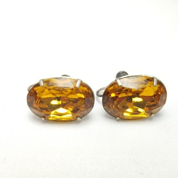 Vintage Sterling Silver Orange Oval Rhinestone Clip On Screw Back Earrings - Picture 2 of 8
